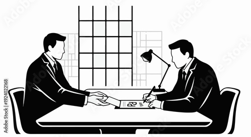Two businessmen in suits sign contract at a desk with a lamp