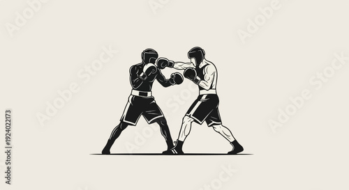 Two boxers in full gear face off, one throwing a punch against the other