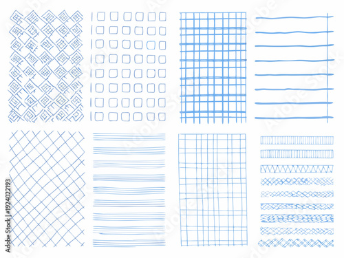 Collection of hand drawn blue lines and grid patterns on white background