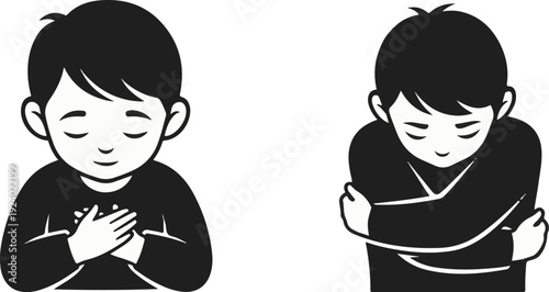 Two stylized figures with eyes closed and heads bowed in contemplative poses