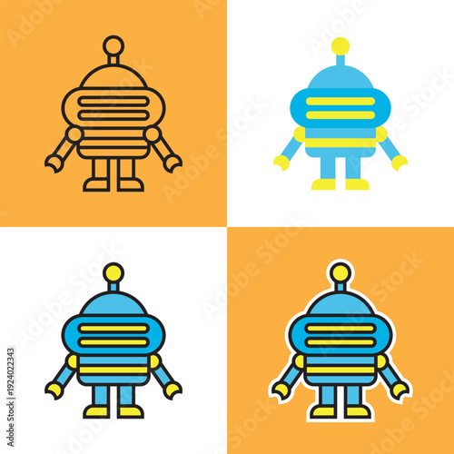 Robot Character Set with Line, Flat and Sticker Styles