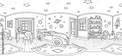 Whimsical children's room with space theme, car bed, desk, and toys