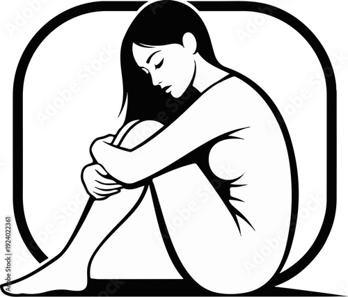 Stylized monochrome illustration of a woman curled up in contemplation