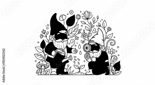 Two cartoon gnomes tending to plants with watering can and magnifying glass