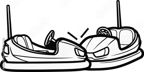 Two cartoon bumper cars colliding head-on in a black and white illustration