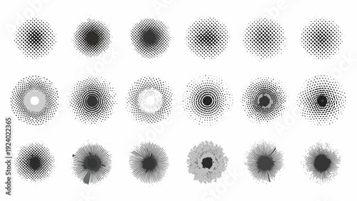 Arrangement of dotted circular shapes with varying densities and central voids