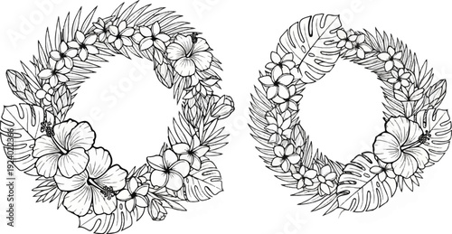 Two tropical floral wreaths with hibiscus, frangipani, and monstera leaves