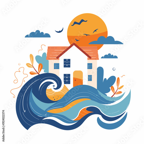 Illustrated house surrounded by waves and sun against a white background