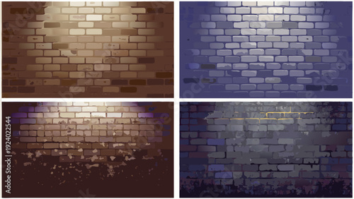 Four panels depicting brick walls with varying light and color schemes