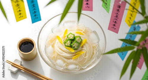 Chilled somen noodles with star shaped okra for Japanese Tanabata festival