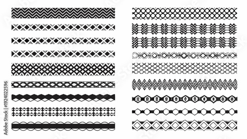 Collection of seamless black and white ornamental border patterns