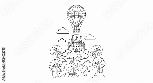 Whimsical fantasy scene with hot air balloon, castle, river, sailboat, trees, and clouds