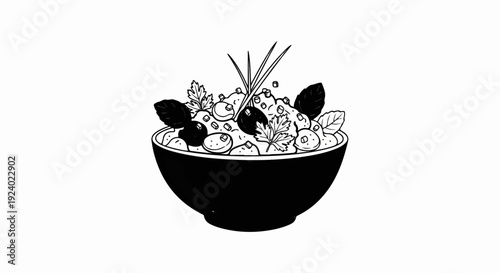 Whimsical illustration of a black bowl filled with salad and fresh herbs