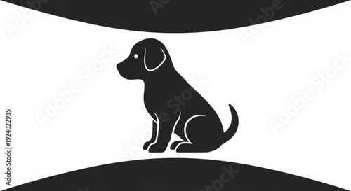 Black dog silhouette sitting on a hill with white background and dark curves