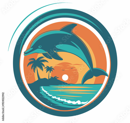 Dolphin leaping from ocean near island with palm trees and sunset background