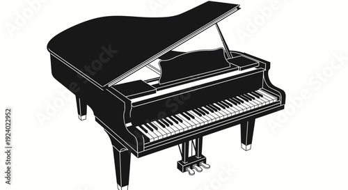 Elegant black grand piano illustration isolated on white background