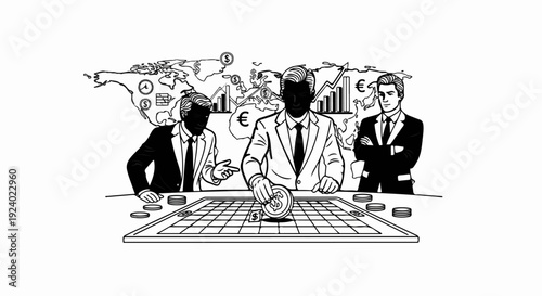 Three businessmen play a game with coins and a world map background