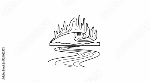 Stylized wave cresting over a winding river, reflecting in water