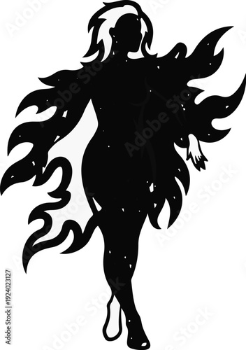 Stylized silhouette of a female figure with flowing, flame-like hair and wings