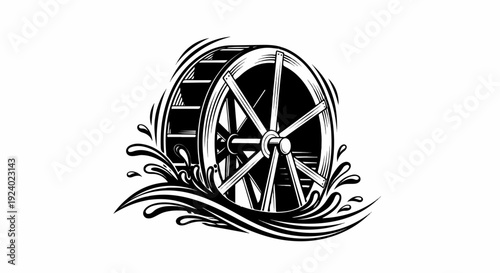 Stylized water wheel splashing water in a dynamic black and white illustration
