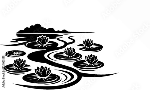 Stylized water lilies float on a winding stream under a silhouetted horizon