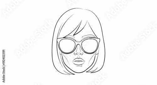 Stylized line drawing of a woman's face wearing eyeglasses, chin-up pose