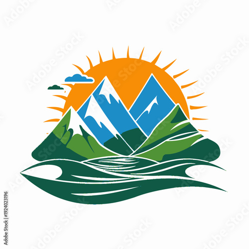 Stylized mountain landscape with rising sun and water element illustration
