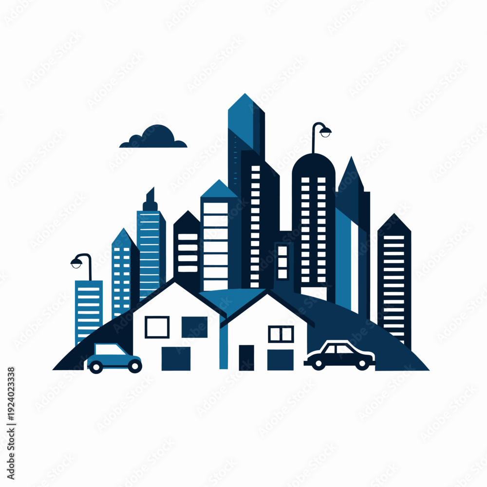 Obraz premium Stylized urban cityscape with various buildings and cars on white background