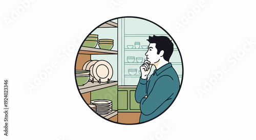 Thoughtful man observes kitchen cabinets filled with dishes and bowls