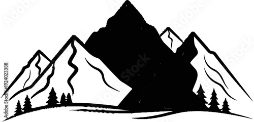 Stylized mountain range with evergreen trees and snow-dusted slopes