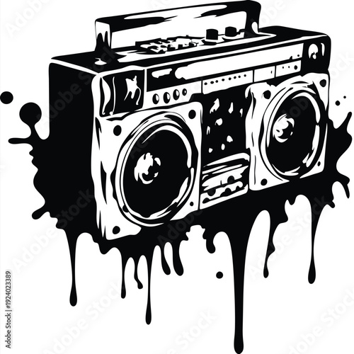Bold monochrome boombox drips with stylized ink, embodying retro music vibes through artistic expression