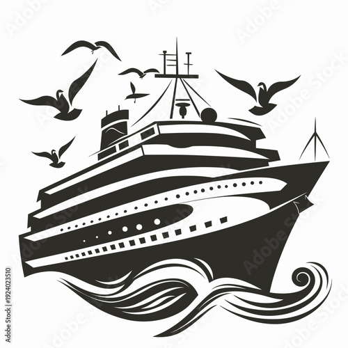 Cruise ship illustration with flying birds vector design on white