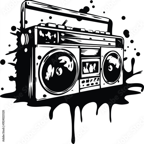 A detailed monochrome boombox is splattered with dark ink around its retro form
