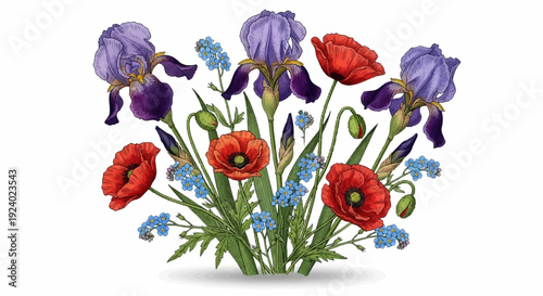 Vibrant bouquet of irises, poppies, and forget-me-nots