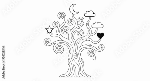 Whimsical tree with swirling branches bearing celestial and heart elements