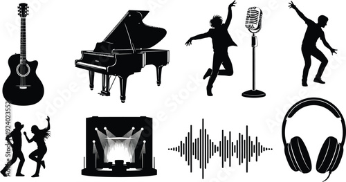 Music Instruments and Dancing Silhouettes on White Background