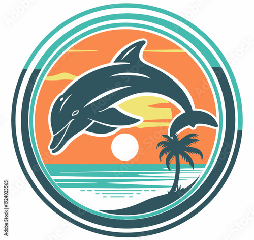 Dolphin leaping from ocean in a vibrant circular graphic design illustration