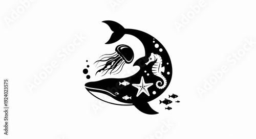 Whimsical whale silhouette filled with sea creatures and bubbles