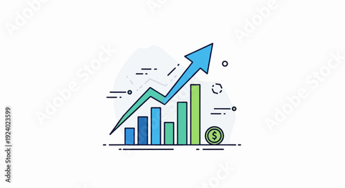 Stylized upward trending financial graph with rising bars and arrow