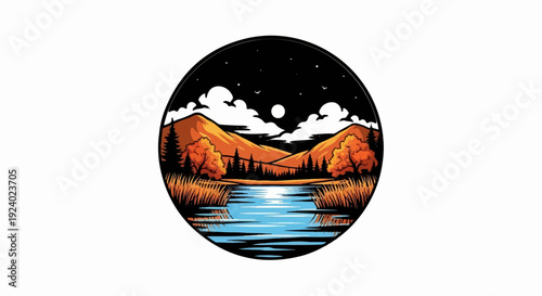Vibrant night landscape with moonlit mountains, autumn trees, and a serene lake