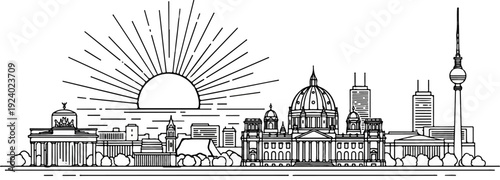 Stylized line drawing of a sunrise over a cityscape with notable landmarks
