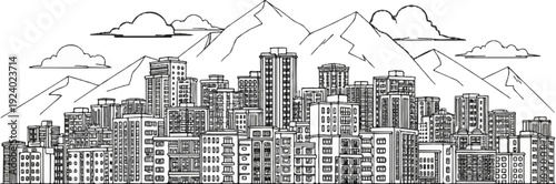 Stylized line drawing of a sprawling city skyline against majestic mountains and clouds