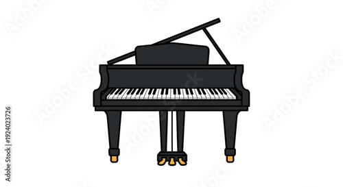 Elegant black grand piano illustration isolated on white background