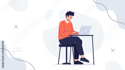 Man Working on Laptop at Desk, Modern Flat Illustration Style
