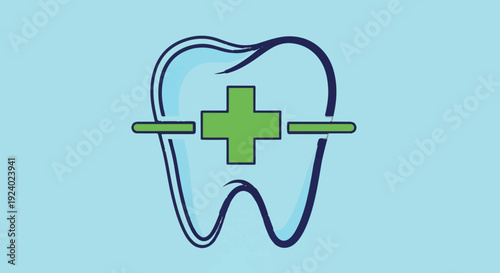 Stylized tooth with green cross and horizontal lines on blue background