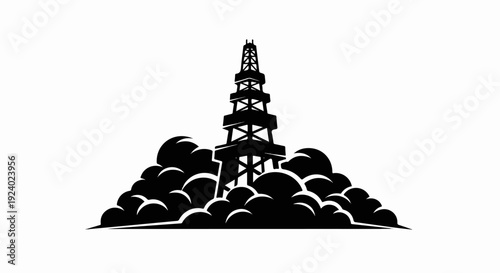 Stylized silhouette of an oil derrick amidst dramatic, dark clouds