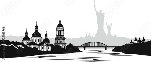 Stylized silhouette of cityscape with domes, bridge, and monumental figures