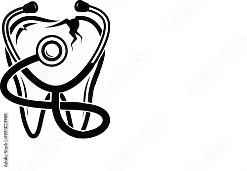 Stylized tooth and stethoscope symbol in black and white
