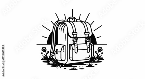 Vintage backpack with sun rays and flowers, indicating adventure