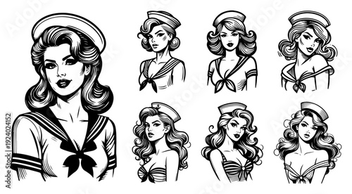 Set of beautiful vintage pin up sailor girl portraits in retro comic book ink style